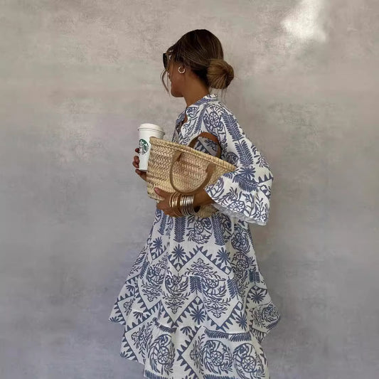 Autumn Casual Print Vacation Loose Dress Women Fashion V-neck Flare Sleeve Elegant Ruffle Shirt Dress Female Vintage Loose Dress