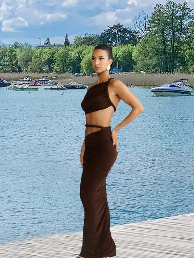 Diagonal Collar Sling Women's Sleeveless Sheath Midriff Outfit Backless Dress