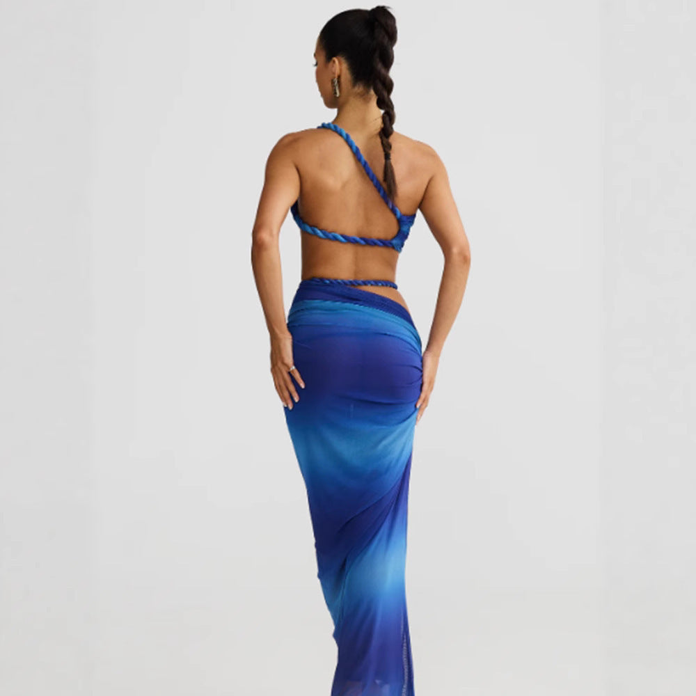 Diagonal Collar Sling Women's Sleeveless Sheath Midriff Outfit Backless Dress