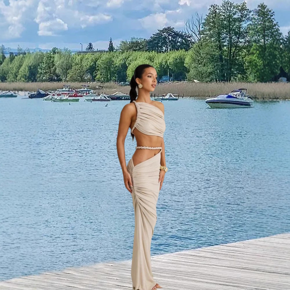 Diagonal Collar Sling Women's Sleeveless Sheath Midriff Outfit Backless Dress