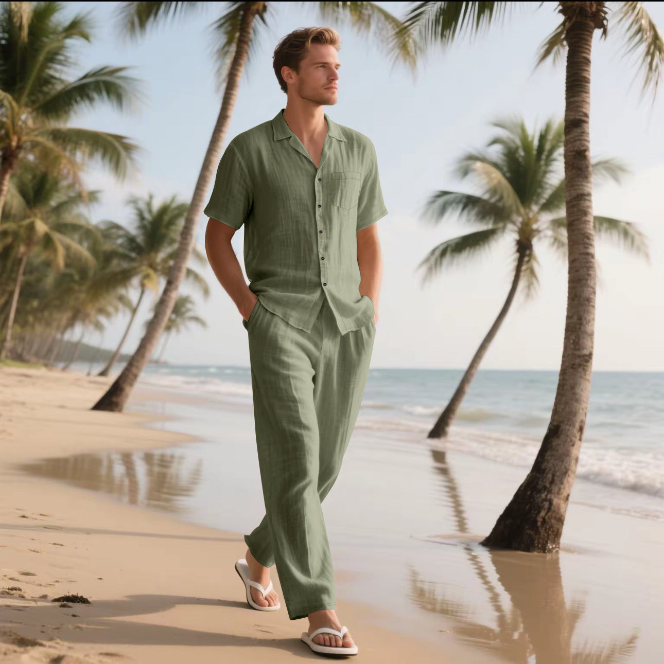 Casual And Comfortable Button Polo Short Sleeve Trousers Beach Suit