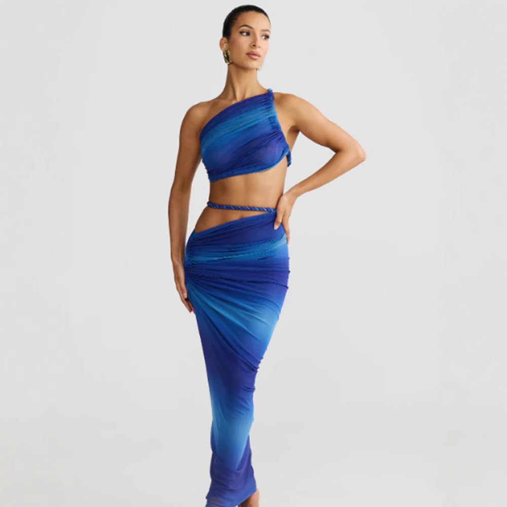 Diagonal Collar Sling Women's Sleeveless Sheath Midriff Outfit Backless Dress