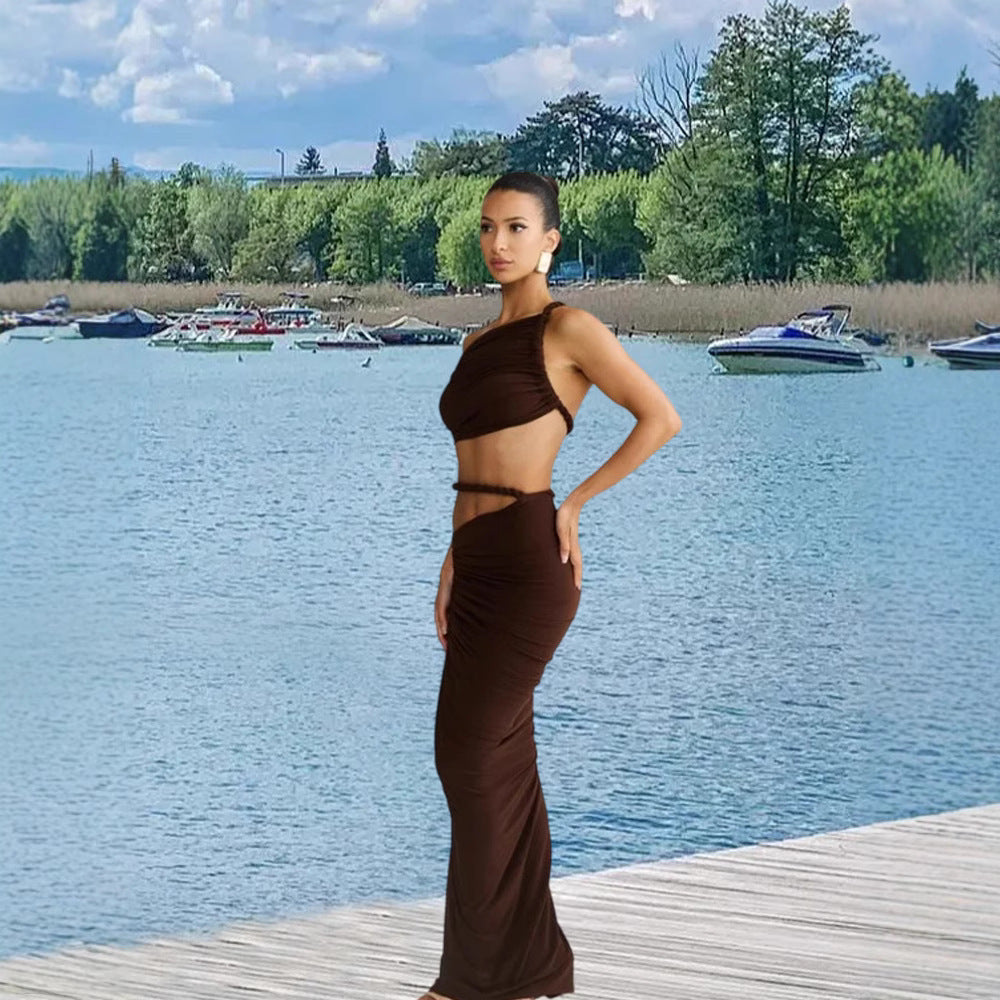 Diagonal Collar Sling Women's Sleeveless Sheath Midriff Outfit Backless Dress